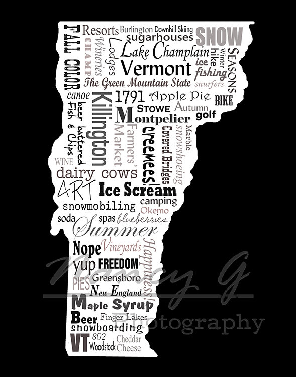 Vermont Slogans Word Art Typography Map Vermont Print VT Etsy