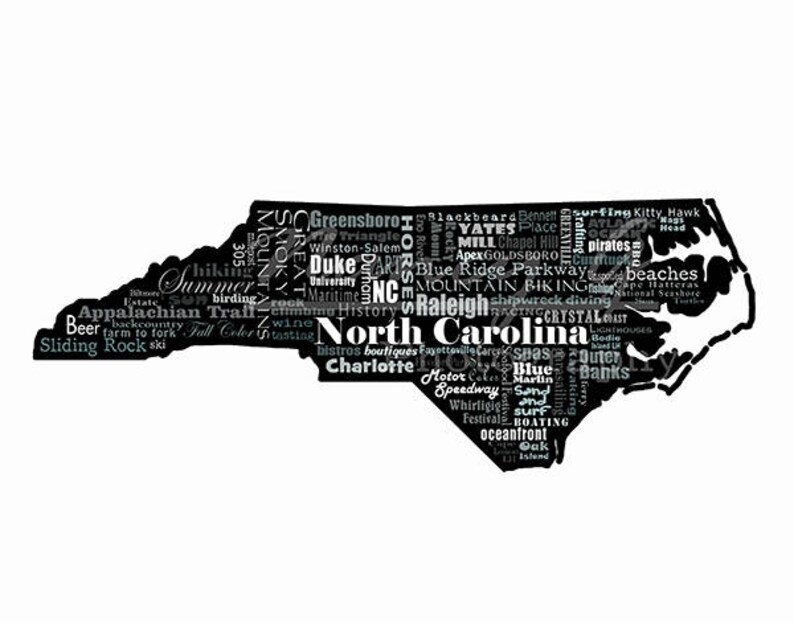 North Carolina Slogans Word Art Typography Map North Etsy