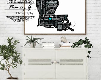 Louisiana Word Art, Typography, Louisiana, Louisiana Print, slogans, Fine Art Print, Tourism Gift, Travel, Wall Art, poster word art, map LA