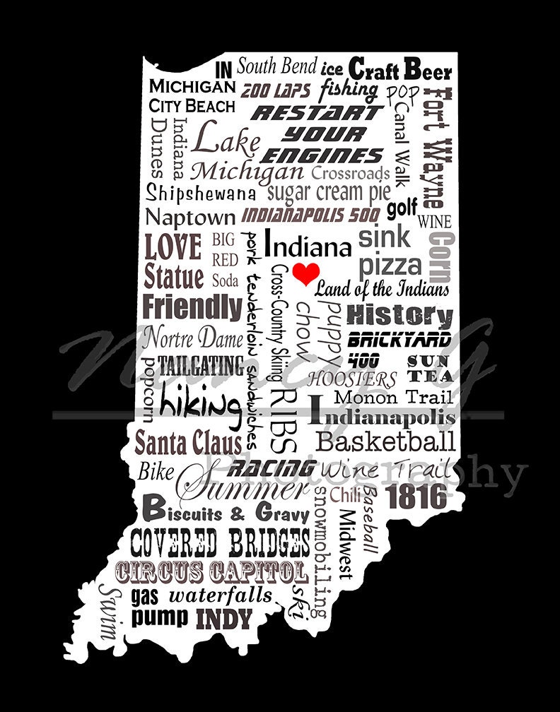 Indiana Word Art, Typography, Map, Indiana, Indiana Print, Slogans ...