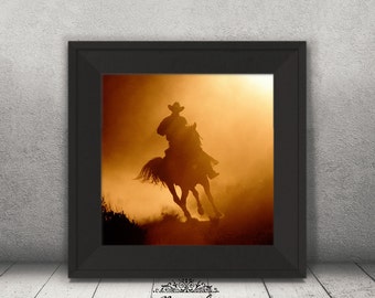 Sunset Cowboy Print, Western Print, Cowboy on Horseback, Square Print, Western Decor, Gift for Him, Rustic Cowboy, Country Western Decor