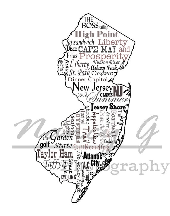 New Jersey Slogans Word Art Typography Map New Jersey Etsy
