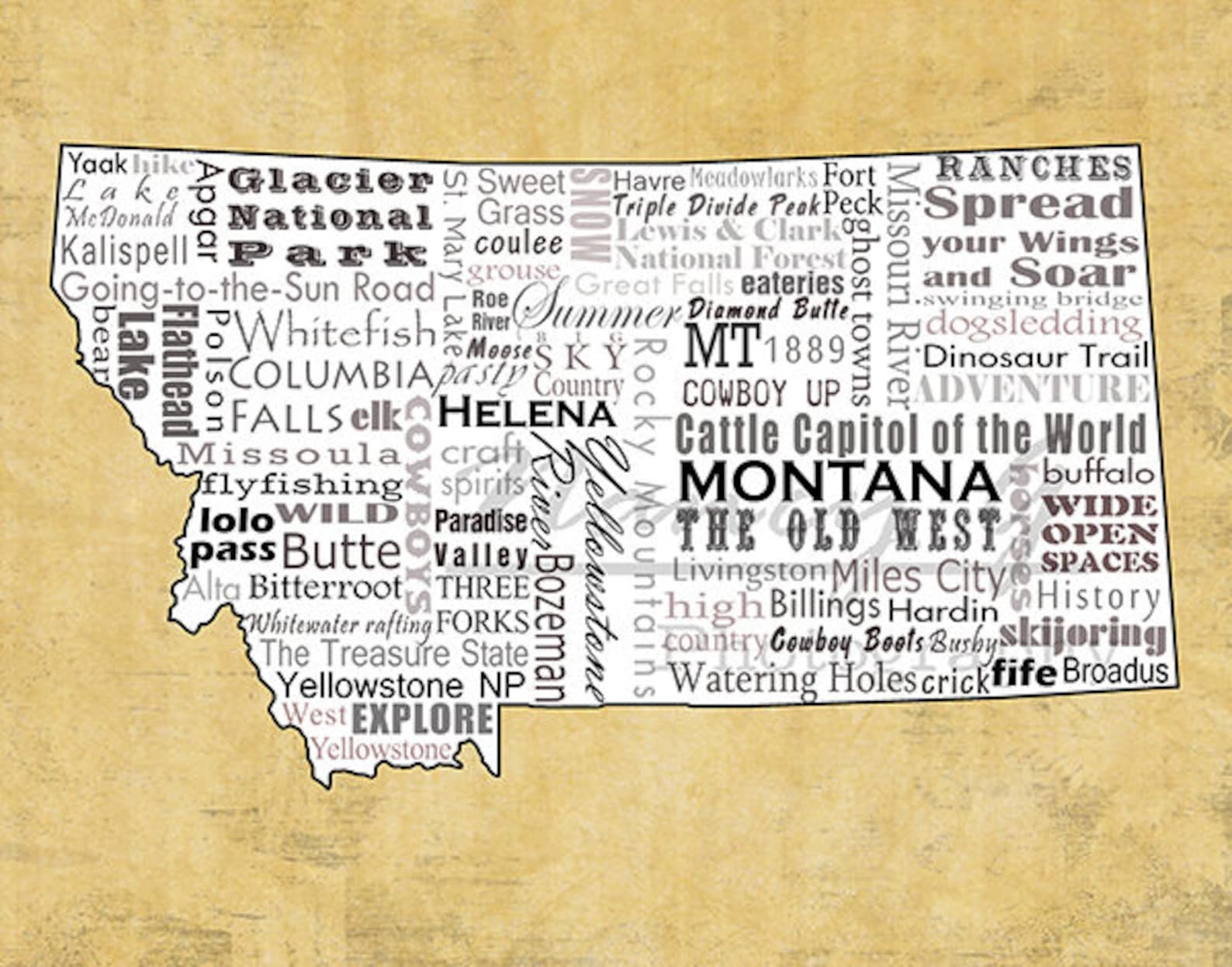 Montana Slogans Word Art Typography Map Montana Montana Etsy