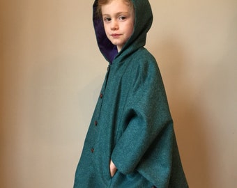 Girls 100% Shetland wool teal cape, fully lined in rich navy with hood 'Iris'