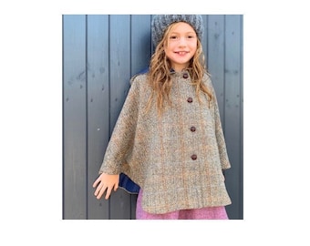 Girls Harris Tweed cape, fully lined in rich navy with hood 'Emilia'