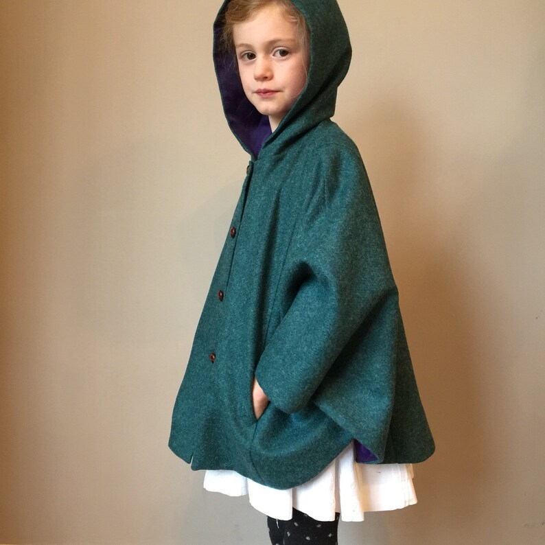 Girls 100% Shetland wool teal cape, fully lined in rich navy with hood 'Iris' image 1