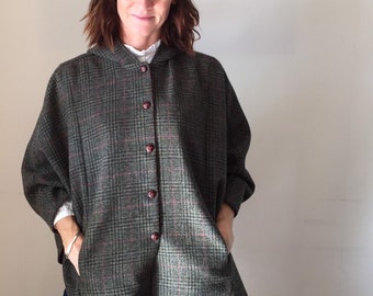 Ladies 100% Shetland wool olive green cape with soft purple over check fully lined in rich red with hood 'Iris'