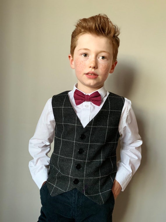 Boys Waistcoat Handmade In A Charcoal Grey British Lambswool With Fog Window Over Check Mr Banks