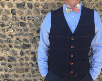 Mens waistcoat handmade in deep navy tweed wool with large check 'Tom Branson'