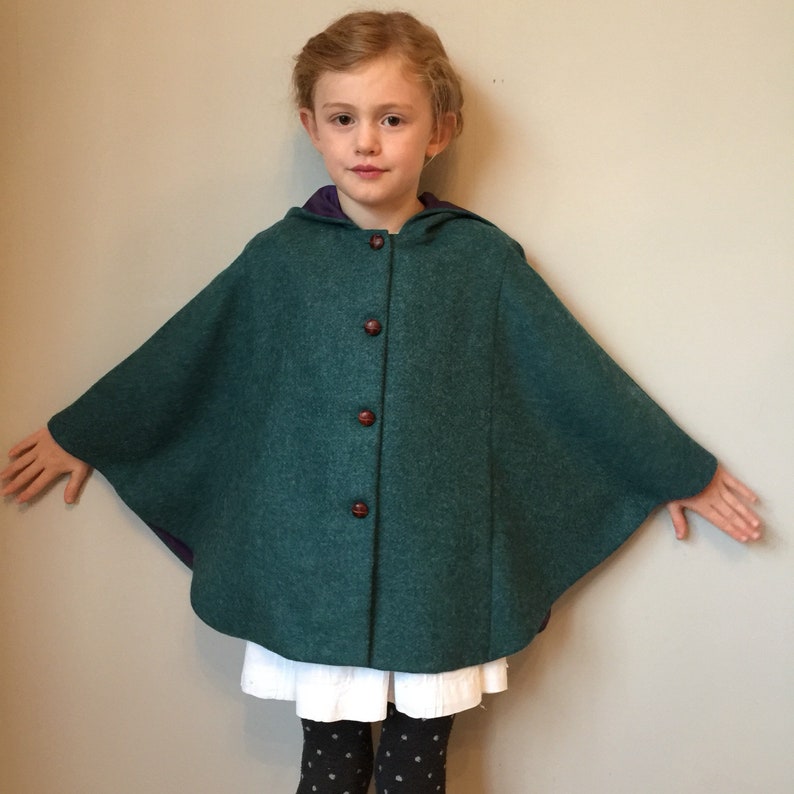 Girls 100% Shetland wool teal cape, fully lined in rich navy with hood 'Iris' image 2