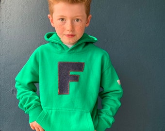 Green Personalised Hoodie with British Tweed Appliquéd Initial