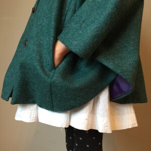 Girls 100% Shetland wool teal cape, fully lined in rich navy with hood 'Iris' image 3