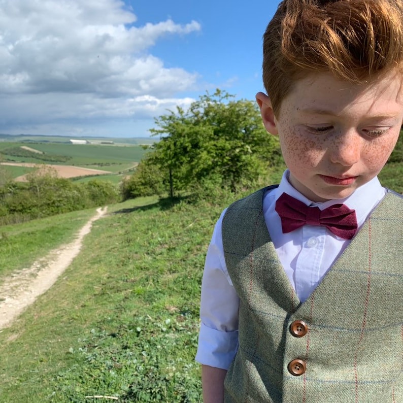 Boys waistcoat made in soft green British wool with a gentle red and blue and over check 'Heathcliff' image 2