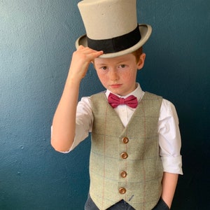 Boys waistcoat made in soft green British wool with a gentle red and blue and over check 'Heathcliff' image 4