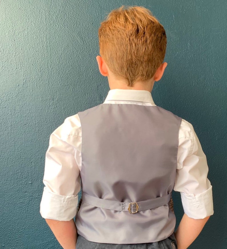 Boys waistcoat made in soft green British wool with a gentle red and blue and over check 'Heathcliff' image 6