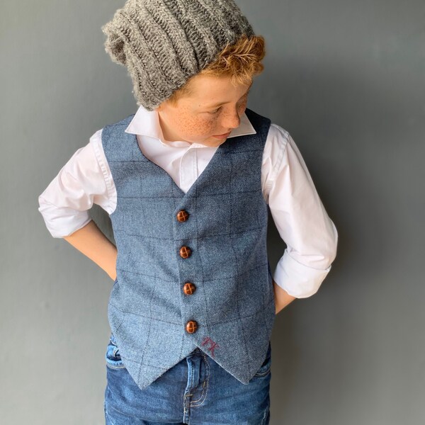 Boys waistcoat handmade in a blue tweed wool with a large navy check  'Earl of Grantham'