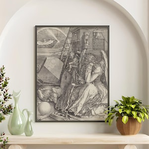 Vintage Alchemie Illustration aus dem 16. Jahrhundert. Melancholie und Erkenntnissuche in der Renaissance. Mittelalterliche Wissenschaft. Druckbare Kunst