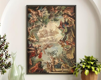 Dioses griegos Óleo 1740 Zeus y Águila, Junio y Pavo Real, Apolo y Dafne, Caza Mitológica, Cupido y Diana Fresca Circular.