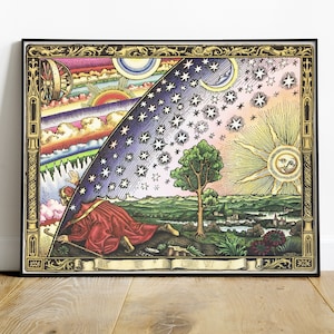 May include: A vintage illustration depicting a man reaching towards a celestial scene with a rainbow, stars, a crescent moon, and a sun with a face. The scene is framed by a gold and black border with ornate details.