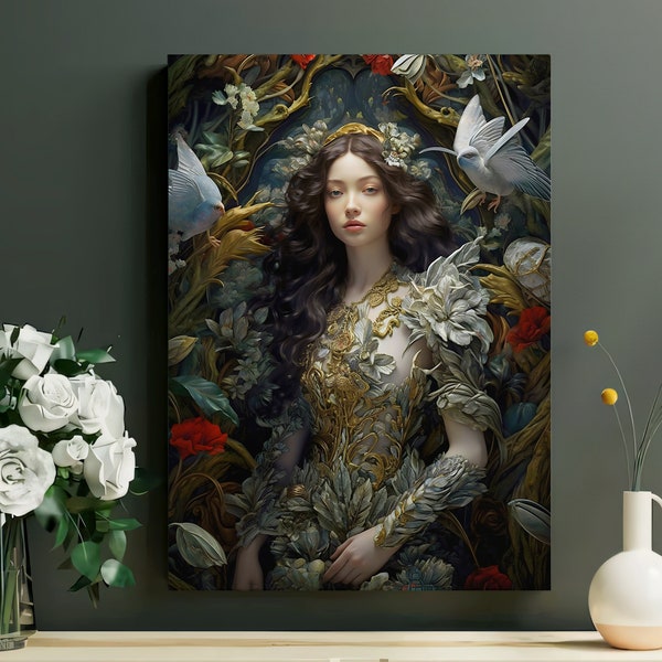 Victoriaans portret. Magische bosfee. Druïde prinses. Groot formaat afdrukbaar. Sprookjesdecoratie. Digitale download kunst. Boho kunst aan de muur.