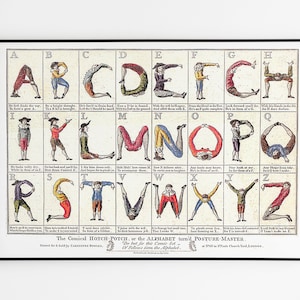 Letras del alfabeto cómico 1782 - El Hotch Potch cómico, o el alfabeto convertido en postura. Archivo imprimible. Ilustración de la vendimia.