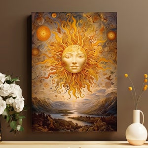 May include: A canvas print depicting a sun with a serene face, radiating golden light. The artwork shows a landscape with mountains, a river, and a cross. The colour palette includes warm yellows, oranges, and browns, creating a mystical and spiritual theme.