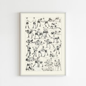 May include: A vintage black and white illustration of various wrestling holds and positions. The image is divided into 12 rows, each depicting two wrestlers in a different hold. The image is labeled with French text describing each hold.