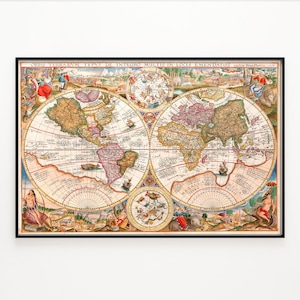 Mapa antiguo del mundo de Petrus Plancius 1594 - Archivo imprimible, arte mural digital, ilustración vintage de un mapa del mundo, decoración de la oficina en casa, mapas antiguos