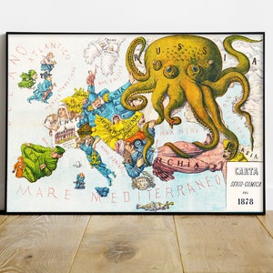 Funny World Map from 1878 Carta Comica by Augusto Gross - Printable File, Vintage Illustration of World Map, Satirical Antique Map, Old Maps