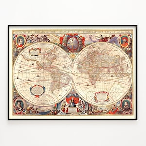 Antike Weltkarte von Hendrik Hondius 1641 - druckbare Datei, digitale Wandkunst, Vintage Illustration der Weltkarte, alte Landkarten