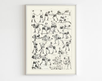 Wrestling Moves and Poses. Hand Drawn, Vintage Illustration of Wrestling Techniques. Printable French Poster. Digital File for Decor or Gift