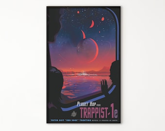 NASA-posters, bezoek trappist-1e - afdrukbaar bestand, digitale kunst aan de muur, vintage illustratie van ruimtevaart, kantoorinrichting aan huis, retro wetenschap