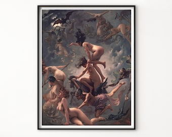 Witches Flying to their Sabbath 1878 Luis Ricardo Falero, Witch in Flight on Broomstick, Oil Painting, Walpurgis Night, Witch Gathering.