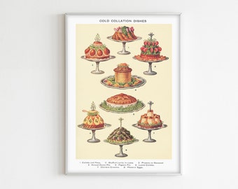 Cold Collations 1907 Printable Poster for Kitchen Decor, Vintage Illustration of Cold Servings with Names.