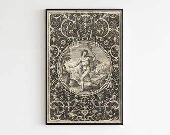Vintage Mercury Medallion from 16th Century Grotesque Frame, Azoth or Hermes the 3 Faced God, Alchemy Allegory, Printable Hermetic Art.
