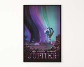 NASA-posters, bezoek Jupiter - afdrukbaar bestand, digitale kunst aan de muur, vintage illustratie van ruimtereizen, decor thuiskantoor, retro posterbestand