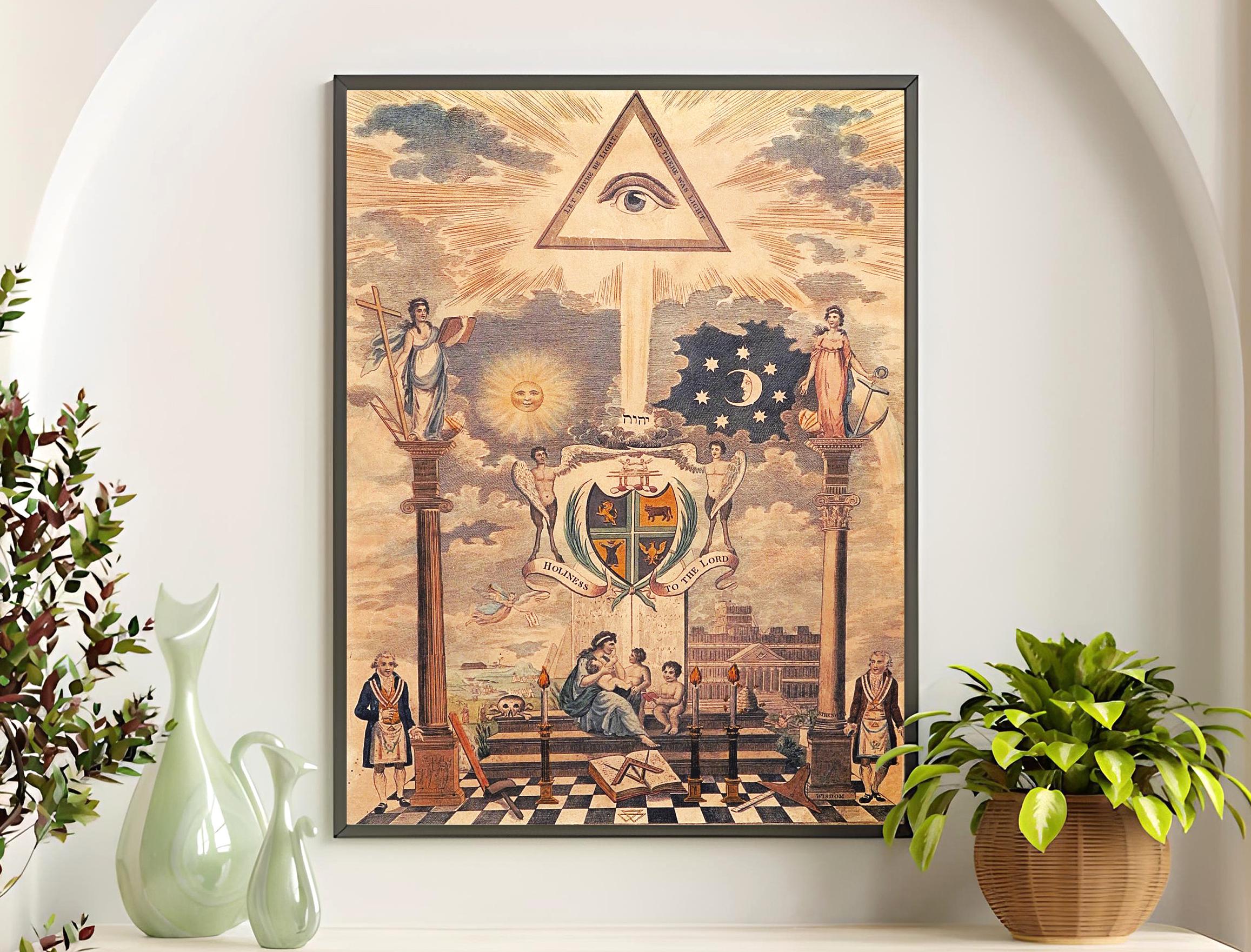 Masonic Temple Pillars and Crest Printable Freemasonry Art Grand Lodge Vintage Mason Print Art Hidden Meaning Occult Symbolism.