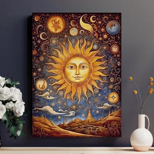 May include: A painting of a golden sun with a human face in the center, surrounded by stars and other celestial bodies on a dark blue background. The sun is surrounded by a ring of golden rays and the background is filled with stars and other celestial bodies.