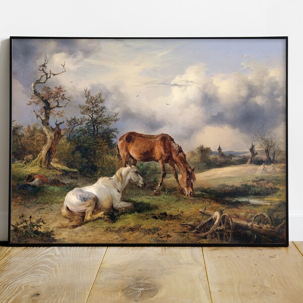 Afternoon Nap by Gauermann 1825, Digital Art, Printable File. Horses and Man on the Meadow at Sunset. Home Decor. Rare Art. Oil Painting