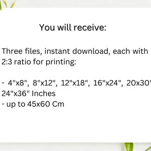 May include: Text on a white background that reads: "You will receive: Three files, instant download, each with a 2:3 ratio for printing: - 4"x8", 8"x12", 12"x18", 16"x24", 20x30", 24"x36" Inches - up to 45x60 Cm"