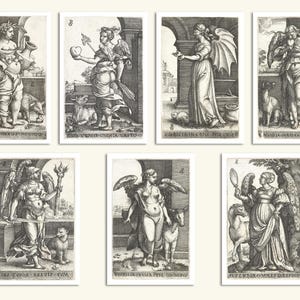 Puede incluir: Un conjunto de siete grabados en blanco y negro que representan figuras aladas con varios objetos. Los grabados están enmarcados en blanco y tienen un fondo blanco.