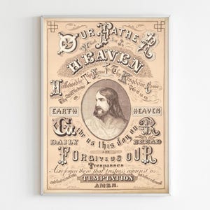 Our Father Prayer, Vintage 1874 Religious Art, Antique Christian Wall Decor, Lord’s Prayer Printable Calligraphy, Faith Home Blessing.