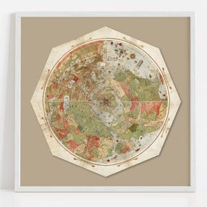 Flache Erdkarte 1587 Vintage Kreiskarte der Welt, Flache Weltkarte, antike seltene Karte der Erde, Vintage Kartographie runde Karte hochauflösend