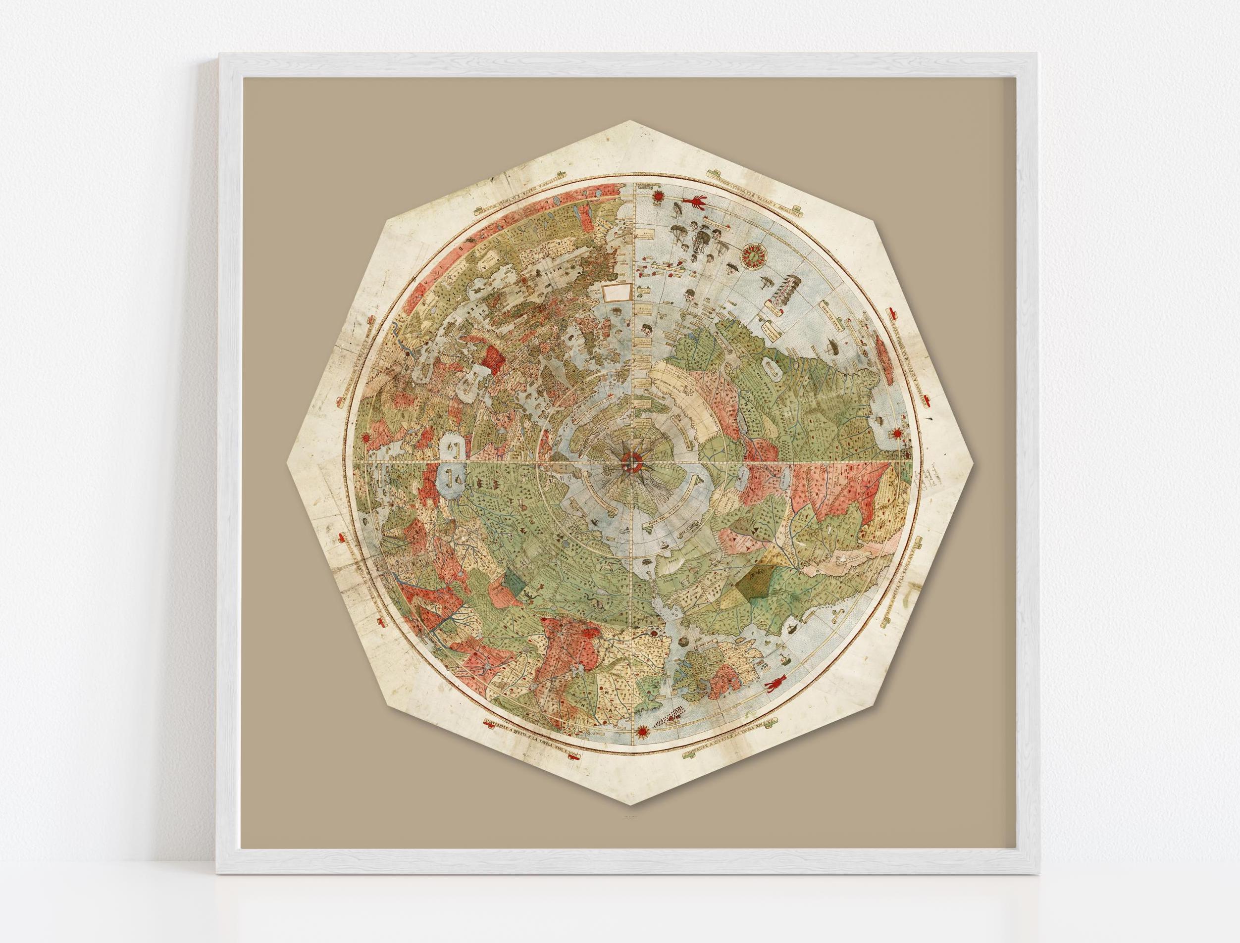 1587年 ヴィンテージ円形世界地図、平面世界地図、アンティーク希少