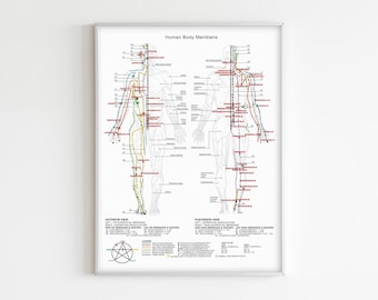 Human Body Meridians, Acupuncture Printable Poster Pressure Points Wall Decor and Print, Chinese Medicine Poster, Body Lifelines Chart.