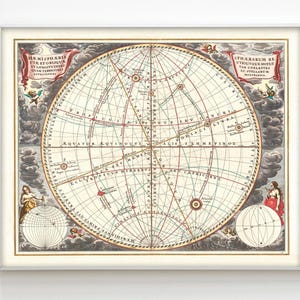 Mappa celeste, carta stellare d'epoca ca. 1660, poster astrologico, vecchia mappa del movimento del cielo, mappa di tracciamento delle stelle.