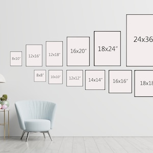 May include: A white wall with a variety of black framed prints in different sizes. The prints are labeled with their dimensions in inches. The largest print is 24x36 inches. The smallest print is 8x10 inches.