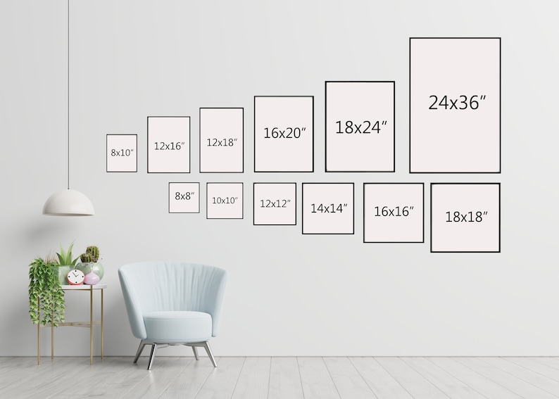 May include: A white wall with a variety of black framed prints in different sizes. The prints are labeled with their dimensions in inches. The largest print is 24x36 inches. The smallest print is 8x10 inches.
