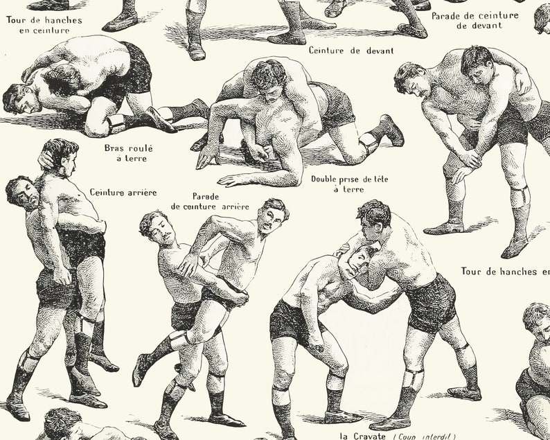 Wrestling Moves and Poses. Hand Drawn, Vintage Illustration of