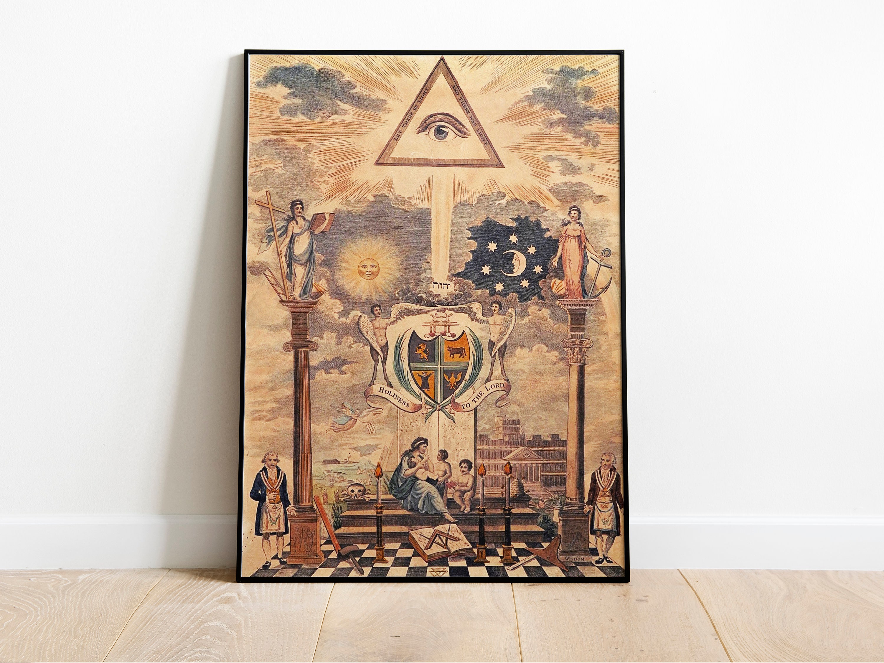 Masonic Temple Pillars and Crest Printable Freemasonry Art